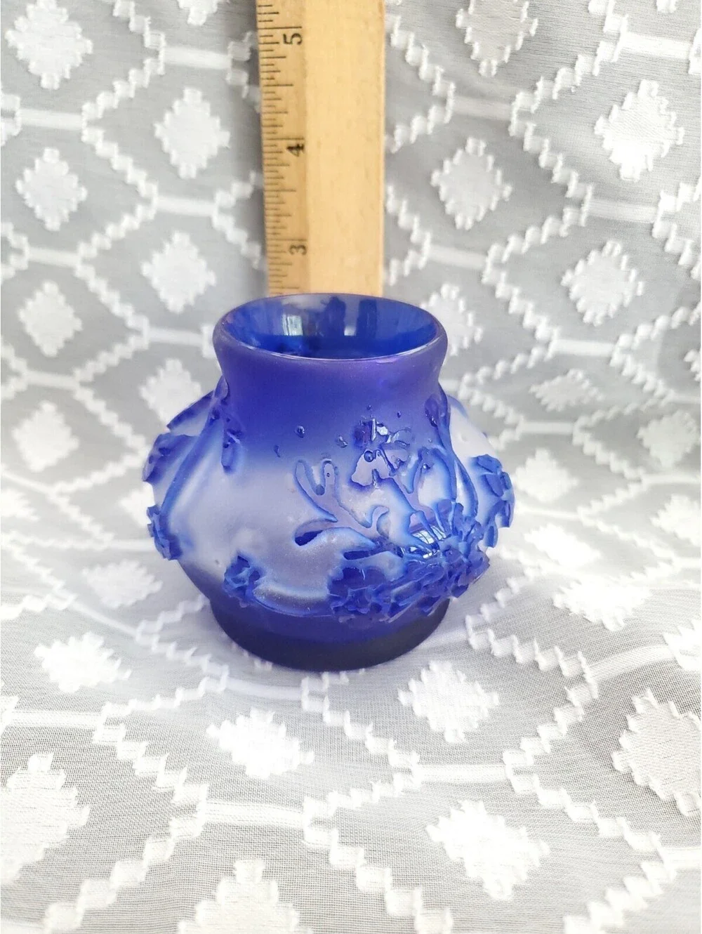 Vtg Blue Cameo Glass Candle Holder,signed
